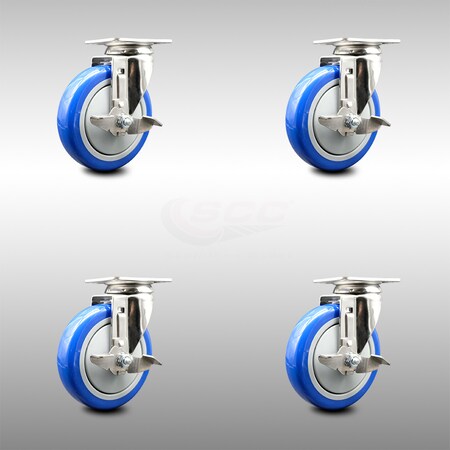 Service Caster 5 Inch 316SS Blue Polyurethane Wheel Swivel Top Plate Caster Set with Brake SCC SCC-SS31620S514-PPUB-BLUE-TLB-4